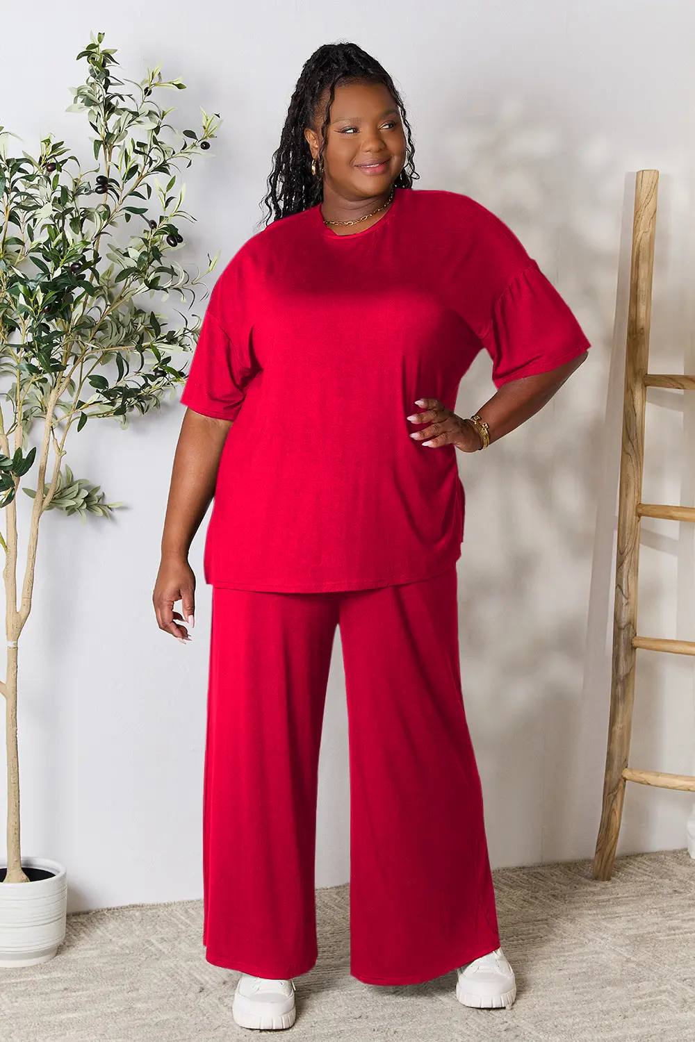 Double Take Full Size Round Neck Slit Top and Pants Set - Image 31