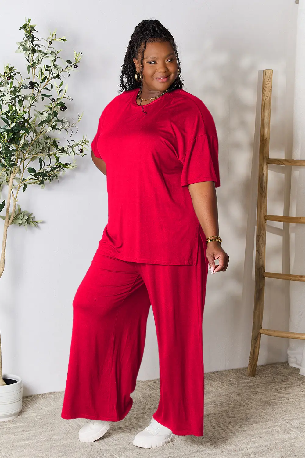 Double Take Full Size Round Neck Slit Top and Pants Set - Image 32