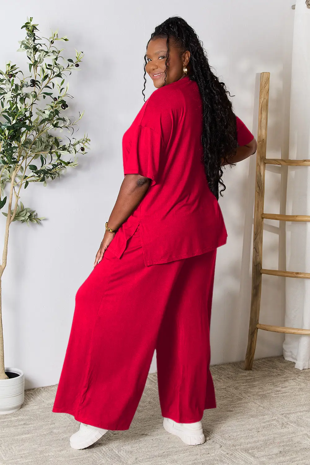 Double Take Full Size Round Neck Slit Top and Pants Set - Image 33