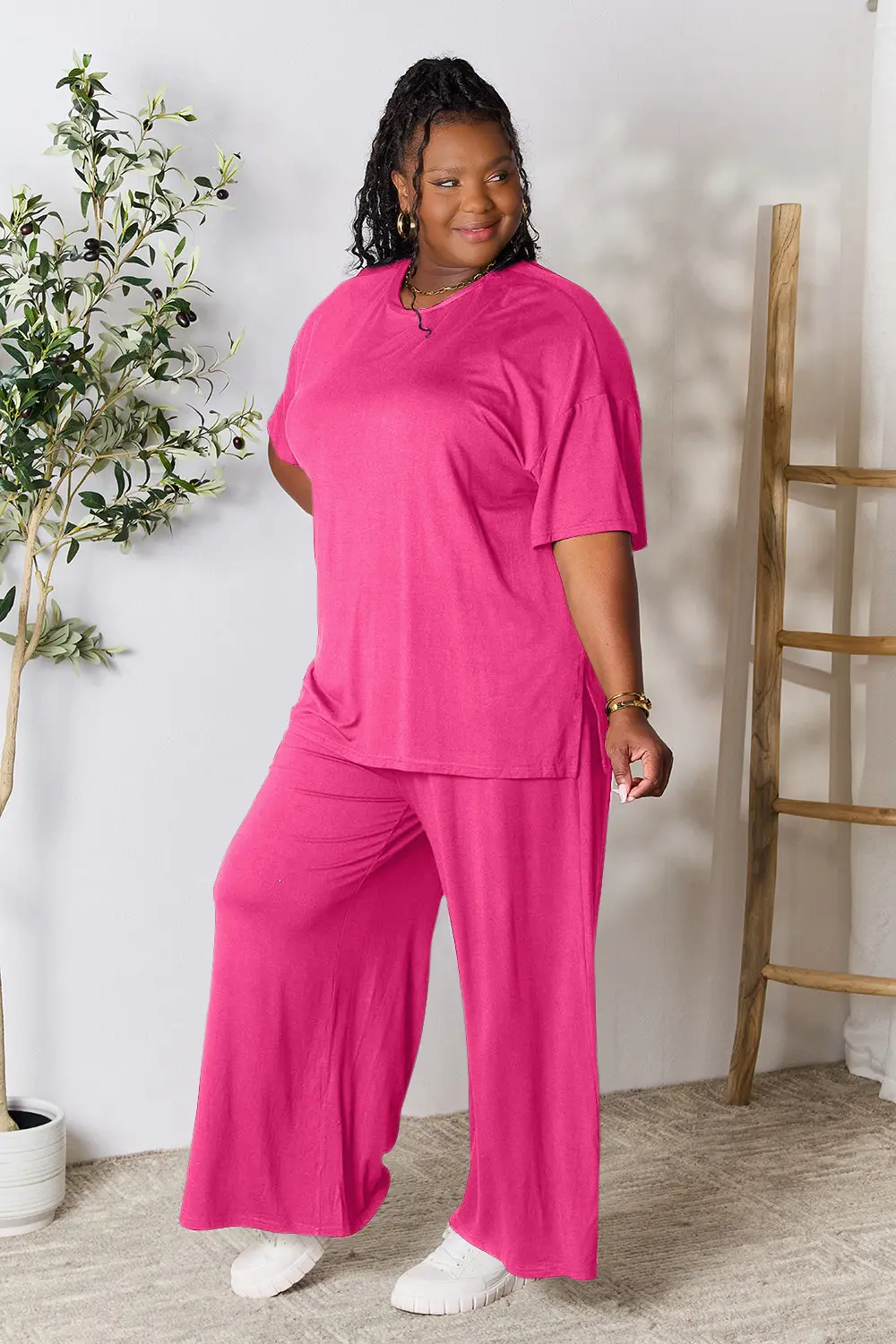 Double Take Full Size Round Neck Slit Top and Pants Set - Image 4