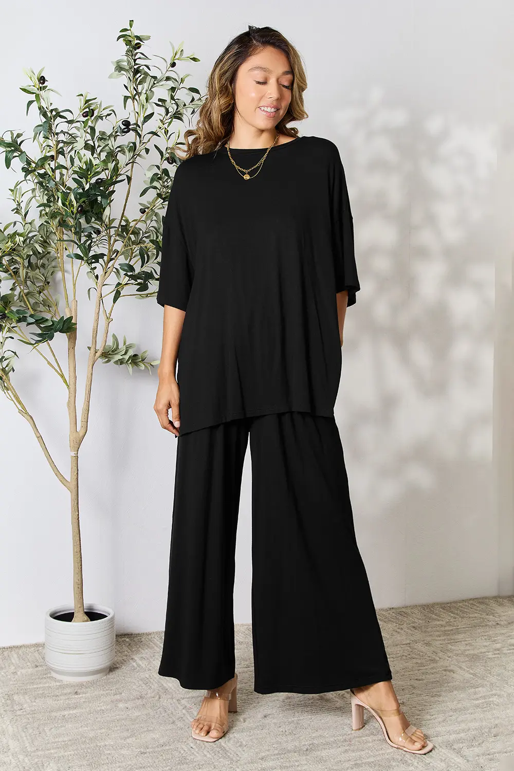 Double Take Full Size Round Neck Slit Top and Pants Set - Image 7