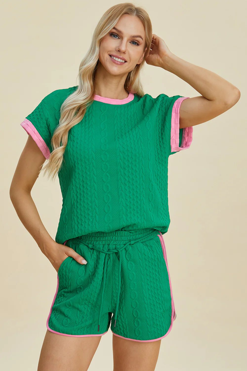 Double Take Full Size Texture Contrast T-Shirt and Shorts Set - Image 14