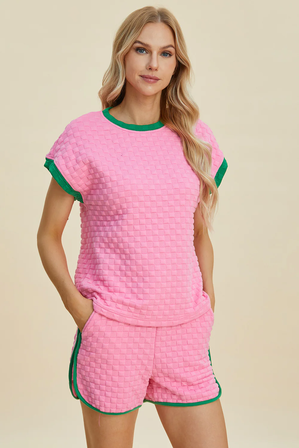 Double Take Full Size Texture Contrast T-Shirt and Shorts Set - Image 6
