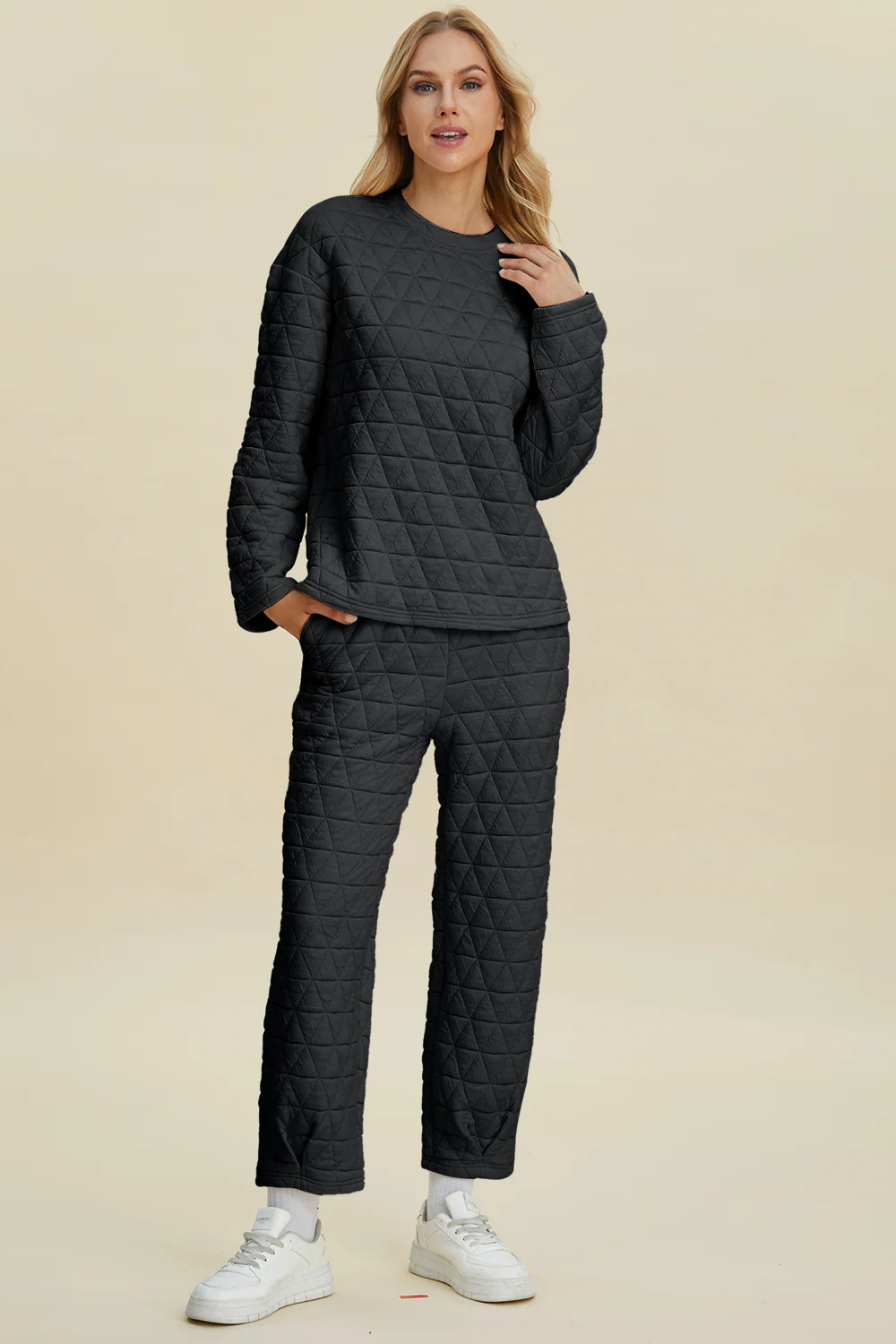 Double Take Full Size Texture Round Neck Long Sleeve Top and Pants Set - Image 10