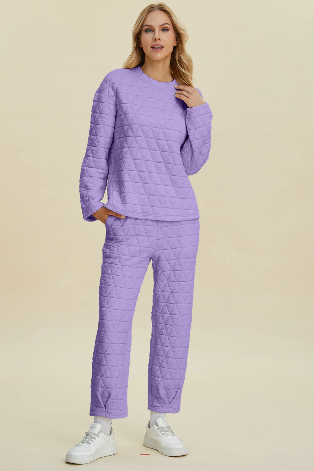Double Take Full Size Texture Round Neck Long Sleeve Top and Pants Set - Image 12