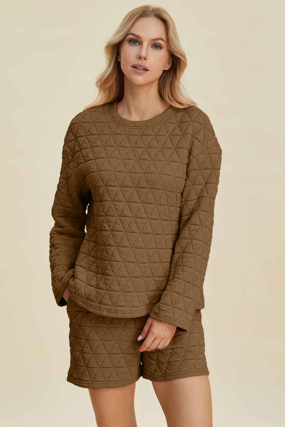 Double Take Full Size Texture Round Neck Long Sleeve Top and Shorts Set - Image 13