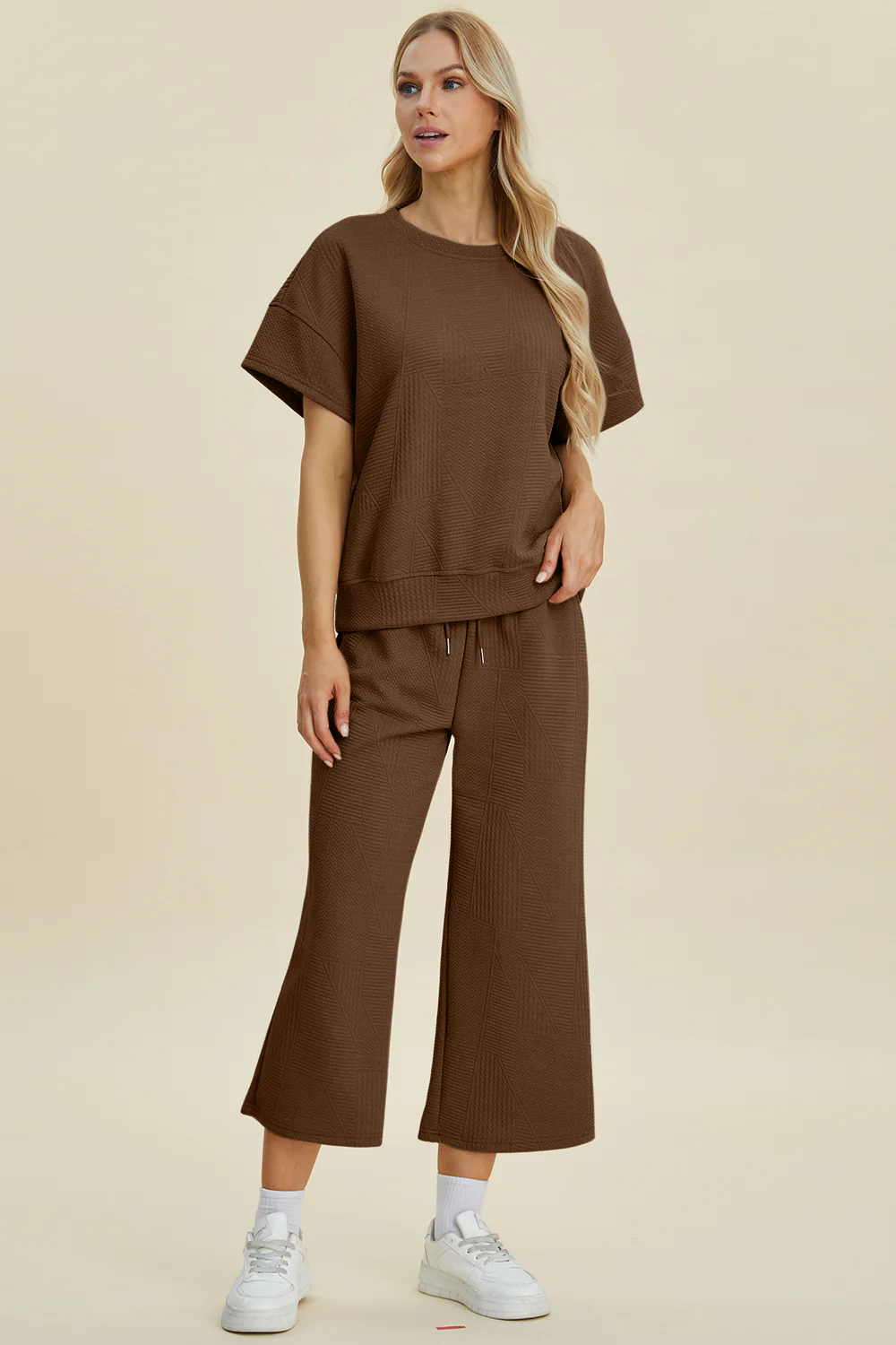 Double Take Full Size Texture Round Neck Top and Pants Set - Image 3