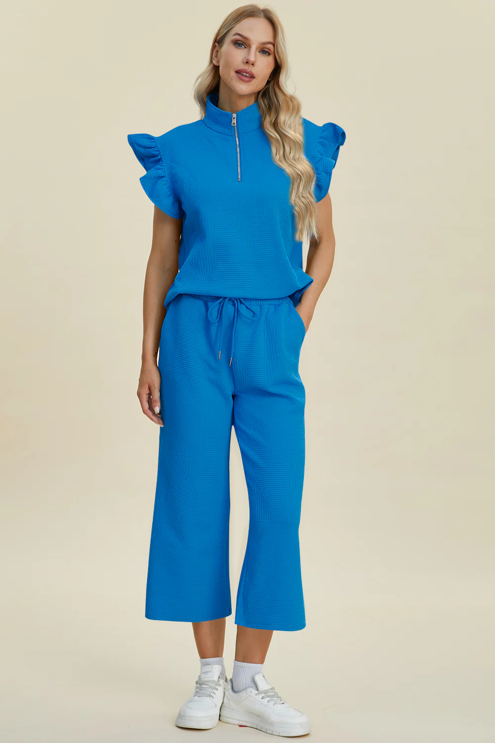 Double Take Full Size Texture Ruffle Short Sleeve Top and Wide Leg Pants Set - Image 21