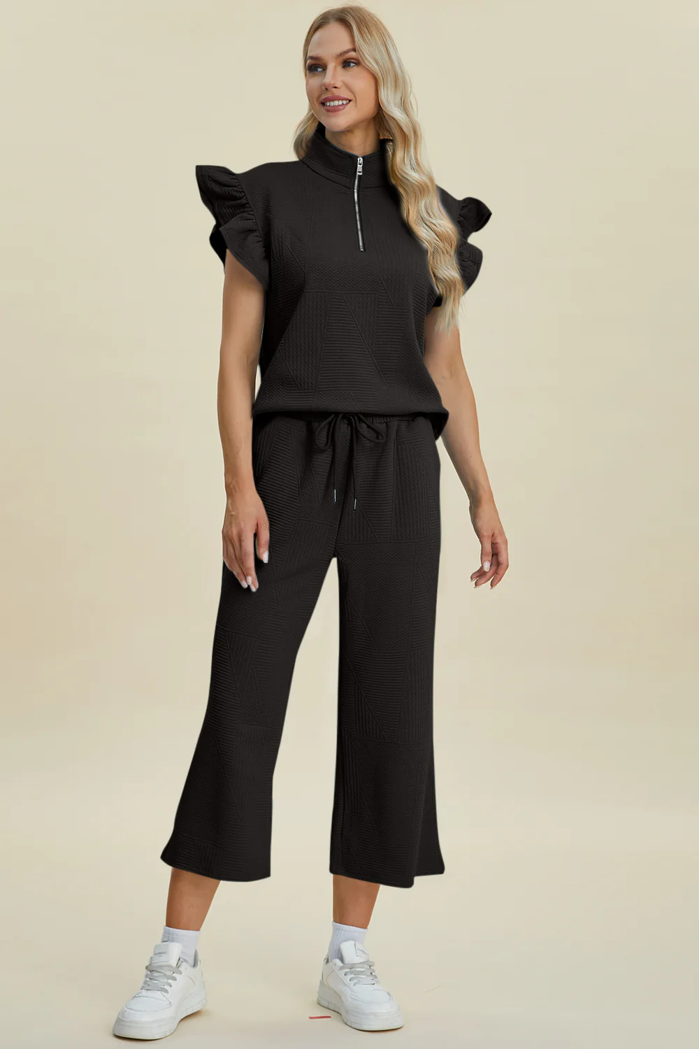 Double Take Full Size Texture Ruffle Short Sleeve Top and Wide Leg Pants Set - Image 33