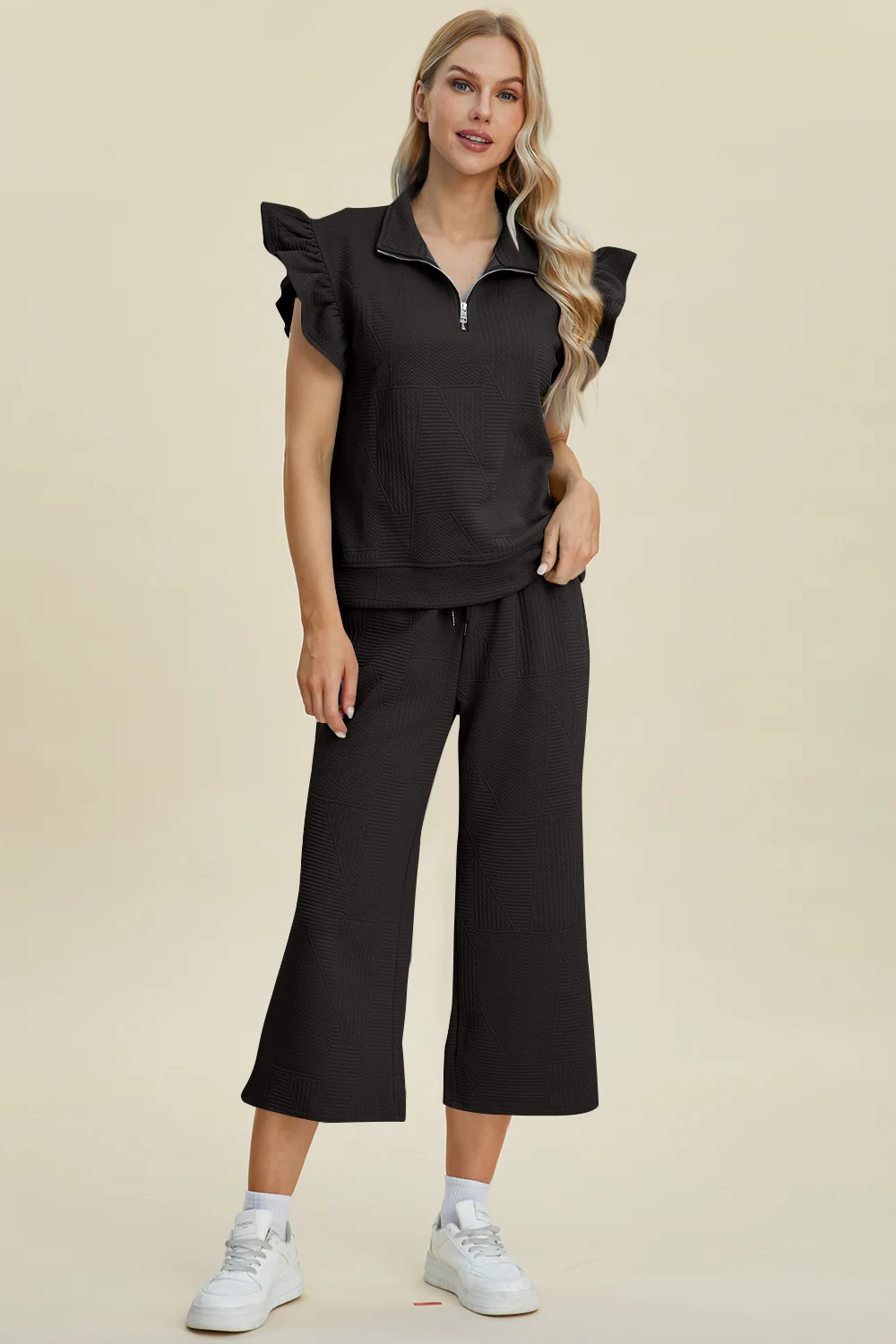 Double Take Full Size Texture Ruffle Short Sleeve Top and Wide Leg Pants Set - Image 34