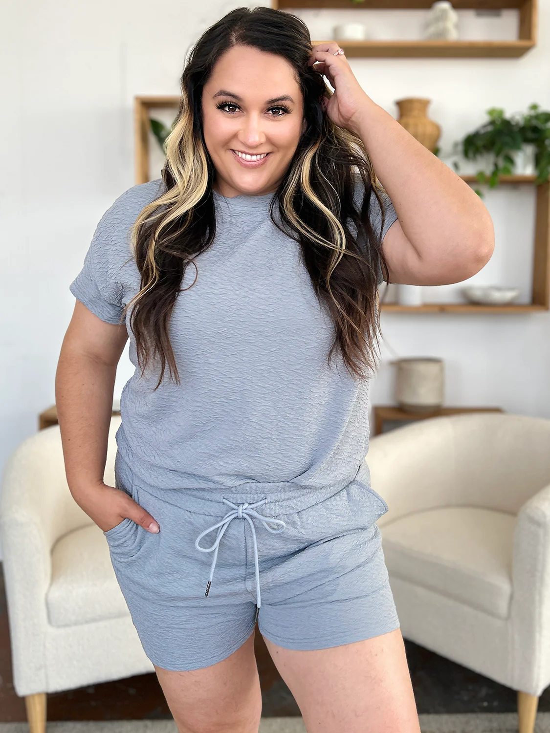 Double Take Full Size Texture Short Sleeve T-Shirt and Drawstring Shorts Set - Image 12