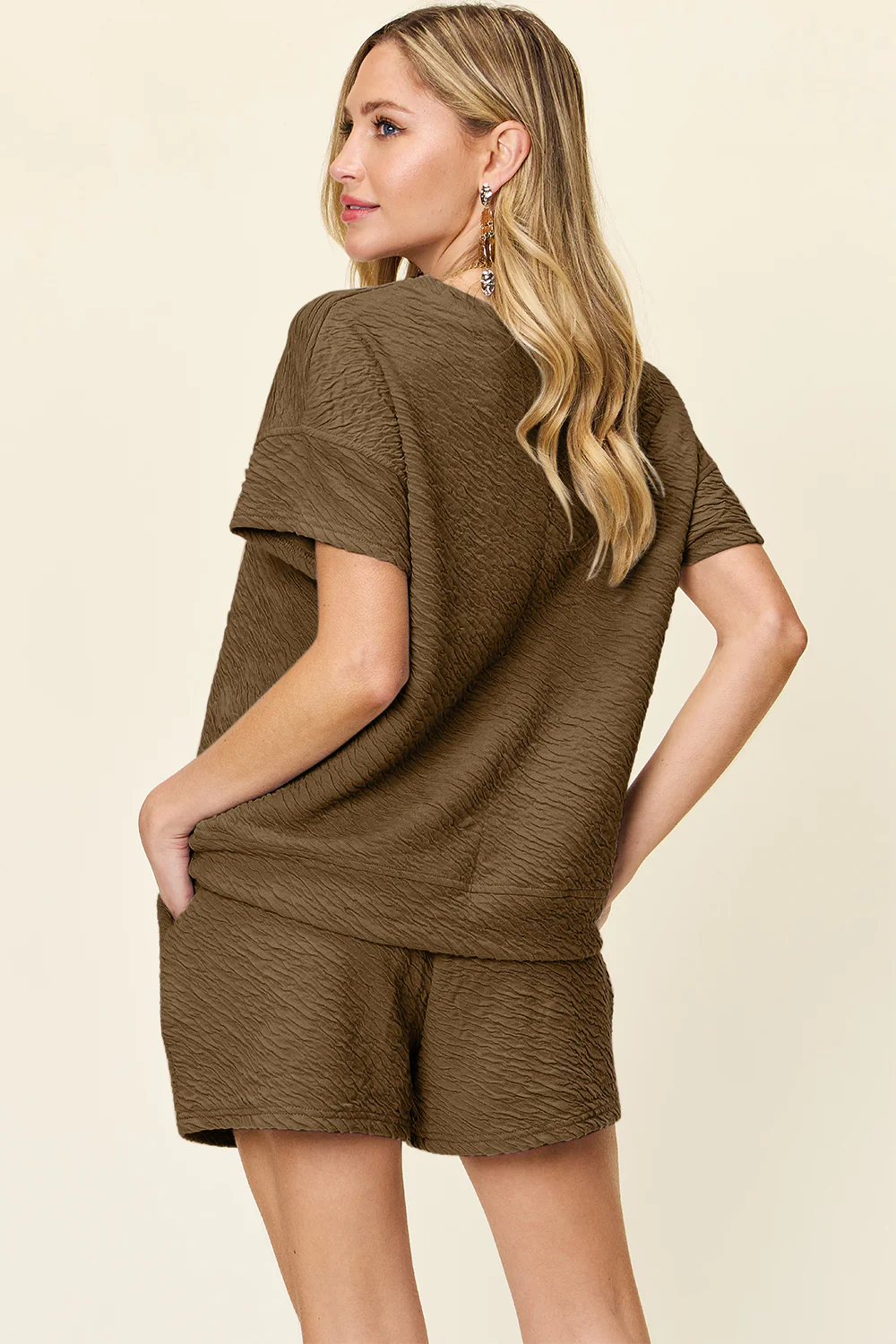 Double Take Full Size Texture Short Sleeve T-Shirt and Drawstring Shorts Set - Image 15