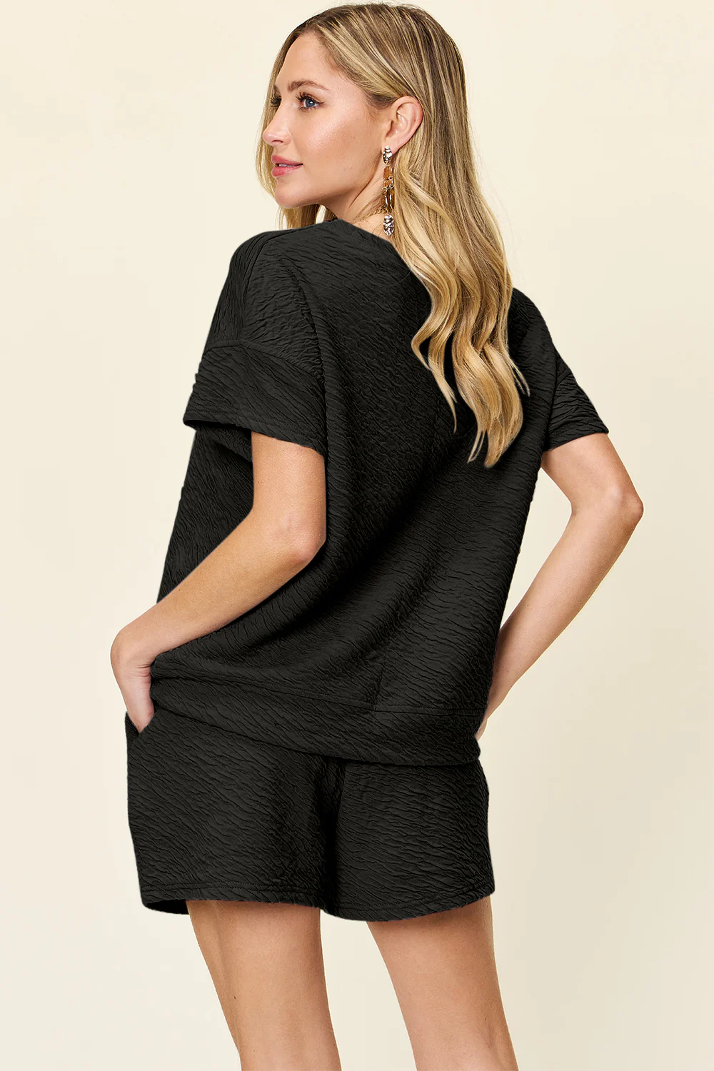 Double Take Full Size Texture Short Sleeve T-Shirt and Drawstring Shorts Set - Image 28