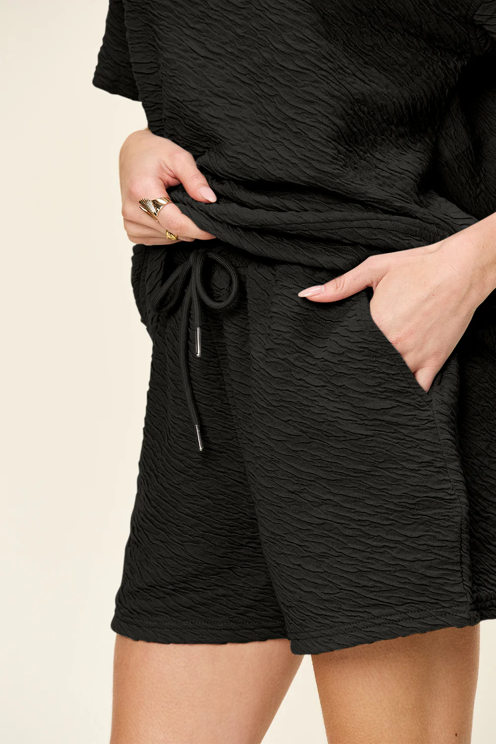 Double Take Full Size Texture Short Sleeve T-Shirt and Drawstring Shorts Set - Image 29