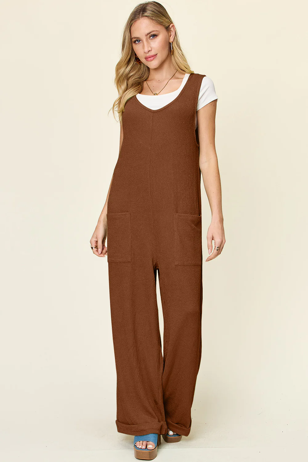 Double Take Full Size Texture Sleeveless Wide Leg Jumpsuit - Image 15