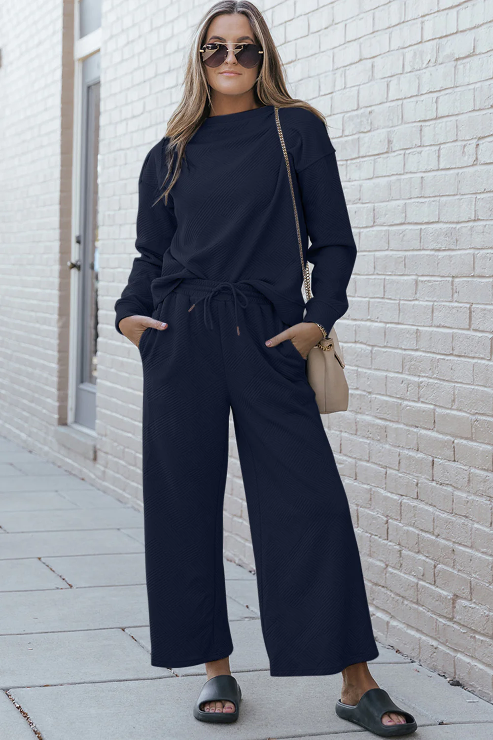 Double Take Full Size Textured Long Sleeve Top and Drawstring Pants Set - Image 12