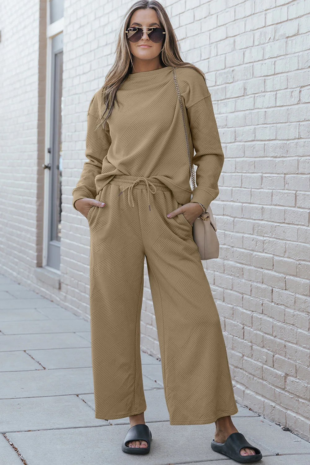 Double Take Full Size Textured Long Sleeve Top and Drawstring Pants Set - Image 15