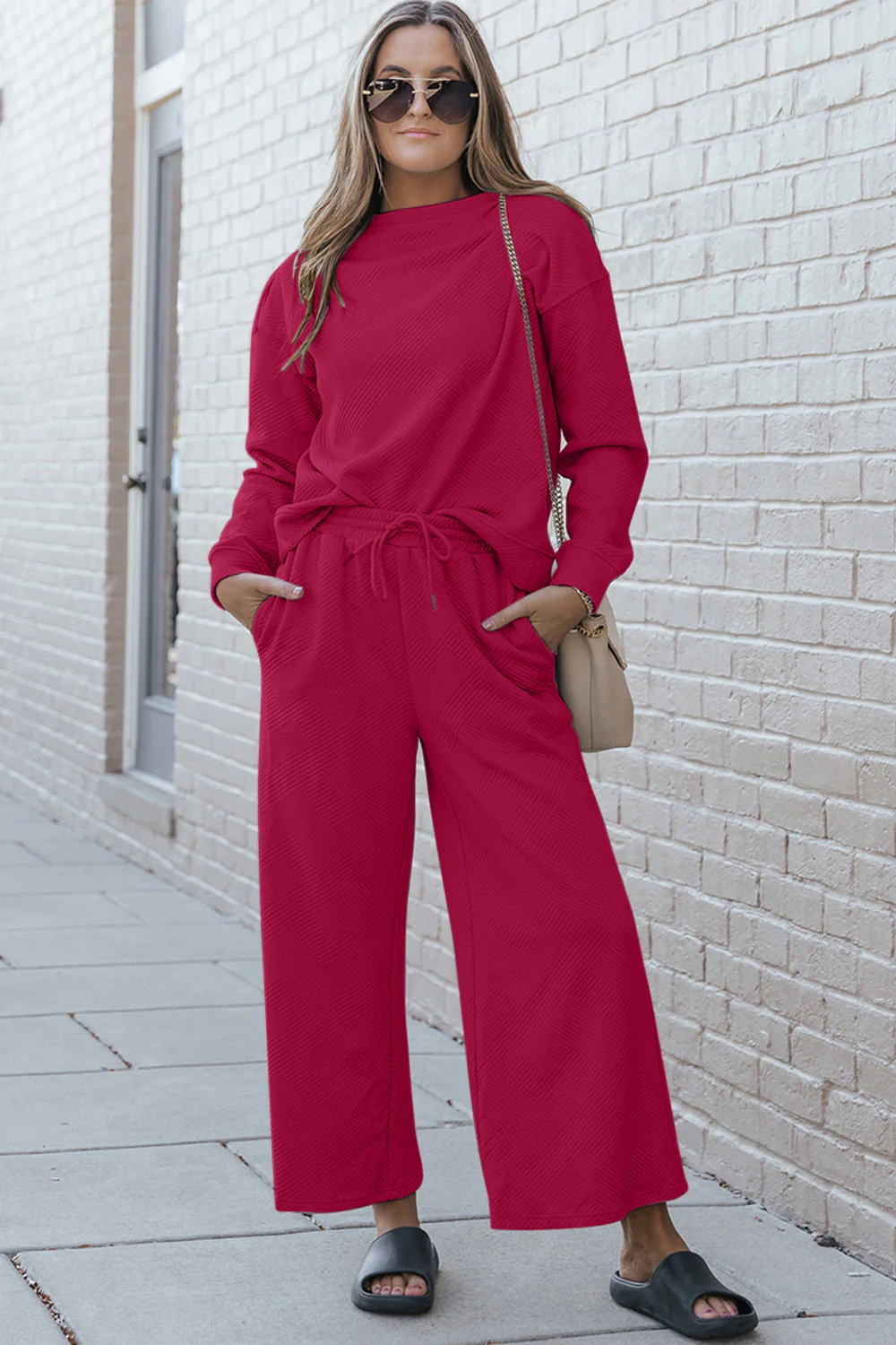 Double Take Full Size Textured Long Sleeve Top and Drawstring Pants Set - Image 18