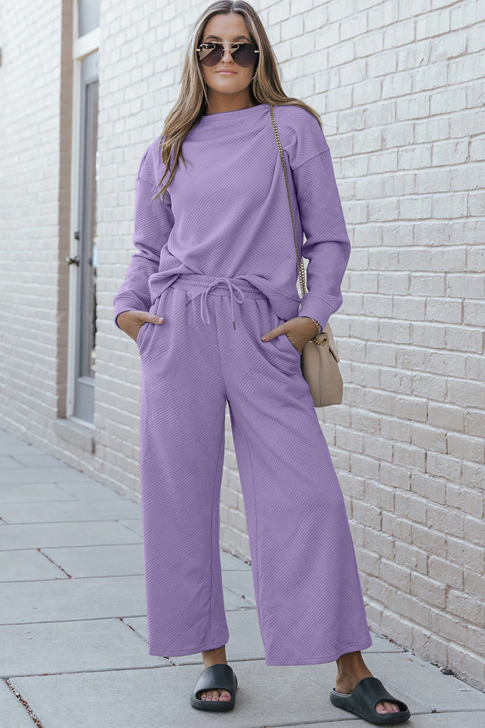 Double Take Full Size Textured Long Sleeve Top and Drawstring Pants Set - Image 21