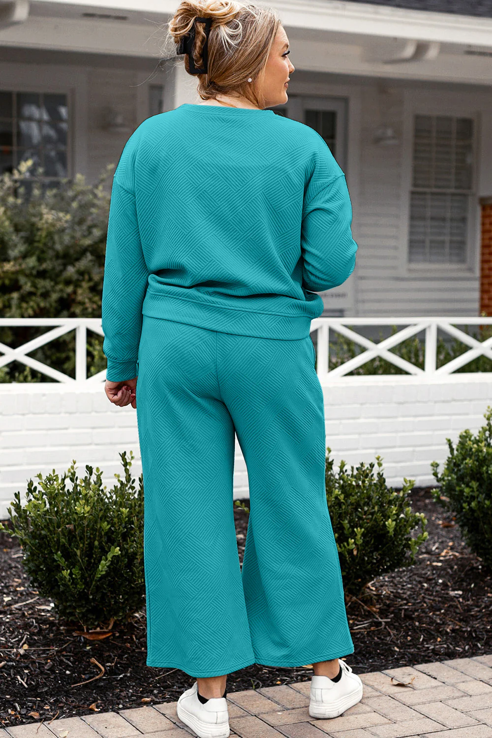 Double Take Full Size Textured Long Sleeve Top and Drawstring Pants Set - Image 26