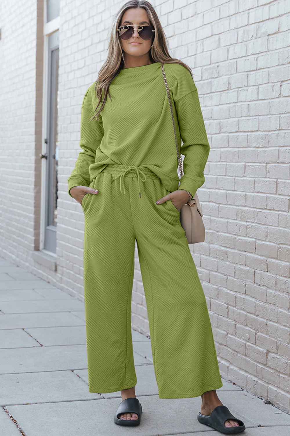 Double Take Full Size Textured Long Sleeve Top and Drawstring Pants Set - Image 27