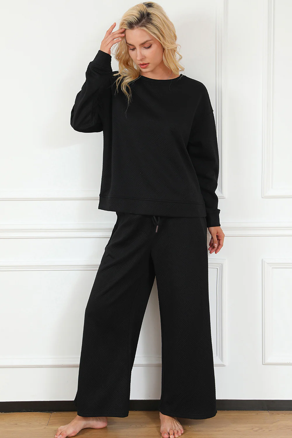 Double Take Full Size Textured Long Sleeve Top and Drawstring Pants Set - Image 3