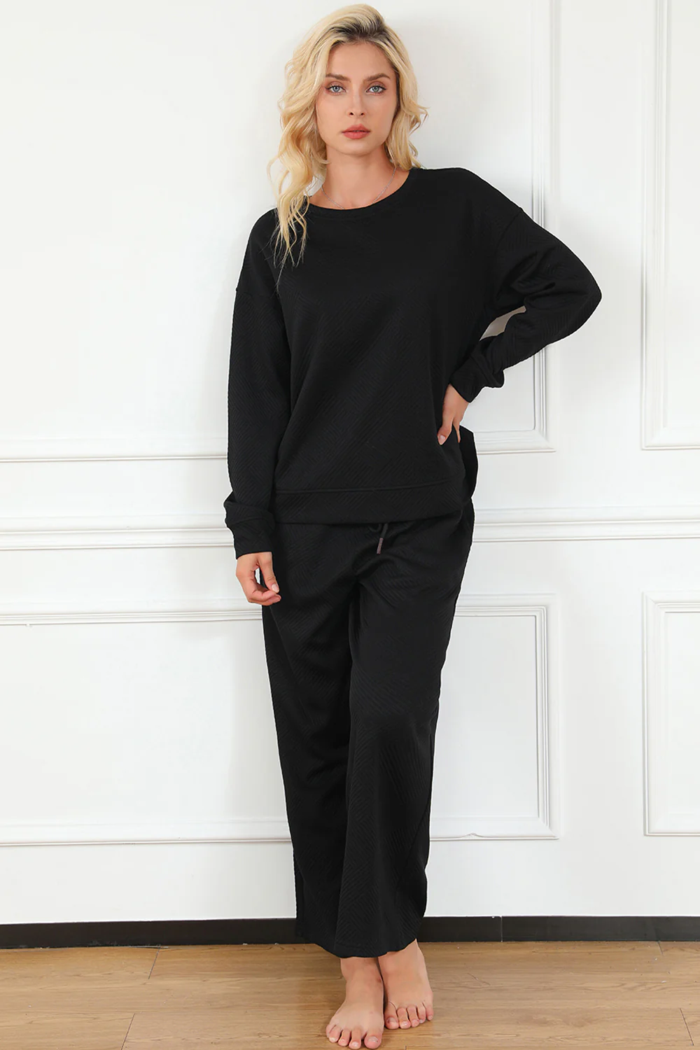 Double Take Full Size Textured Long Sleeve Top and Drawstring Pants Set - Image 4