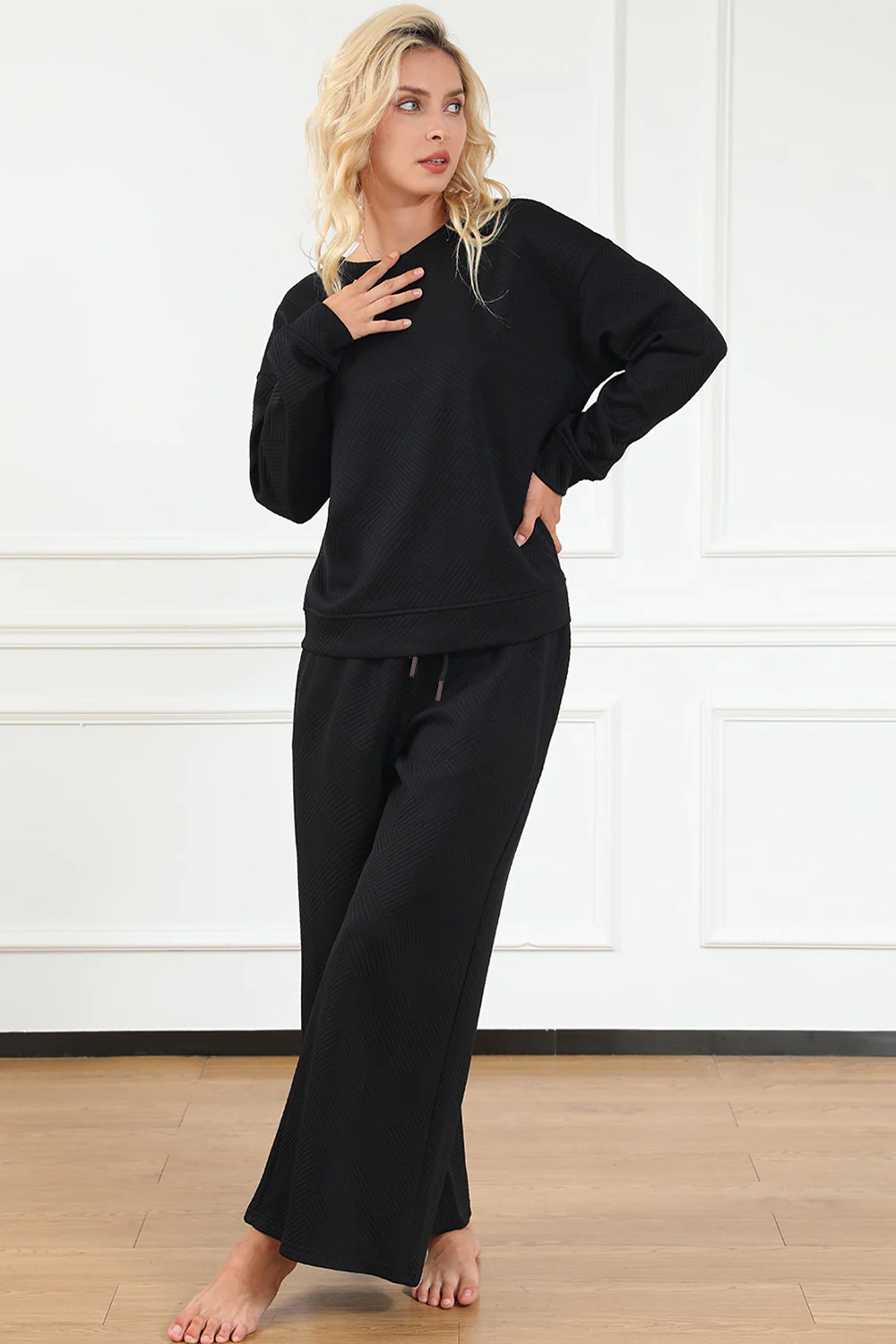 Double Take Full Size Textured Long Sleeve Top and Drawstring Pants Set - Image 5