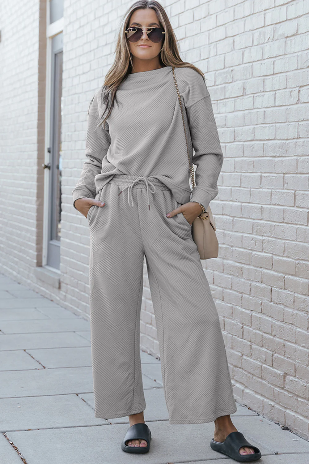 Double Take Full Size Textured Long Sleeve Top and Drawstring Pants Set - Image 6