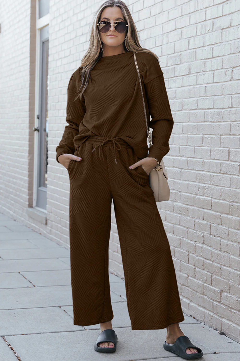 Double Take Full Size Textured Long Sleeve Top and Drawstring Pants Set - Image 9