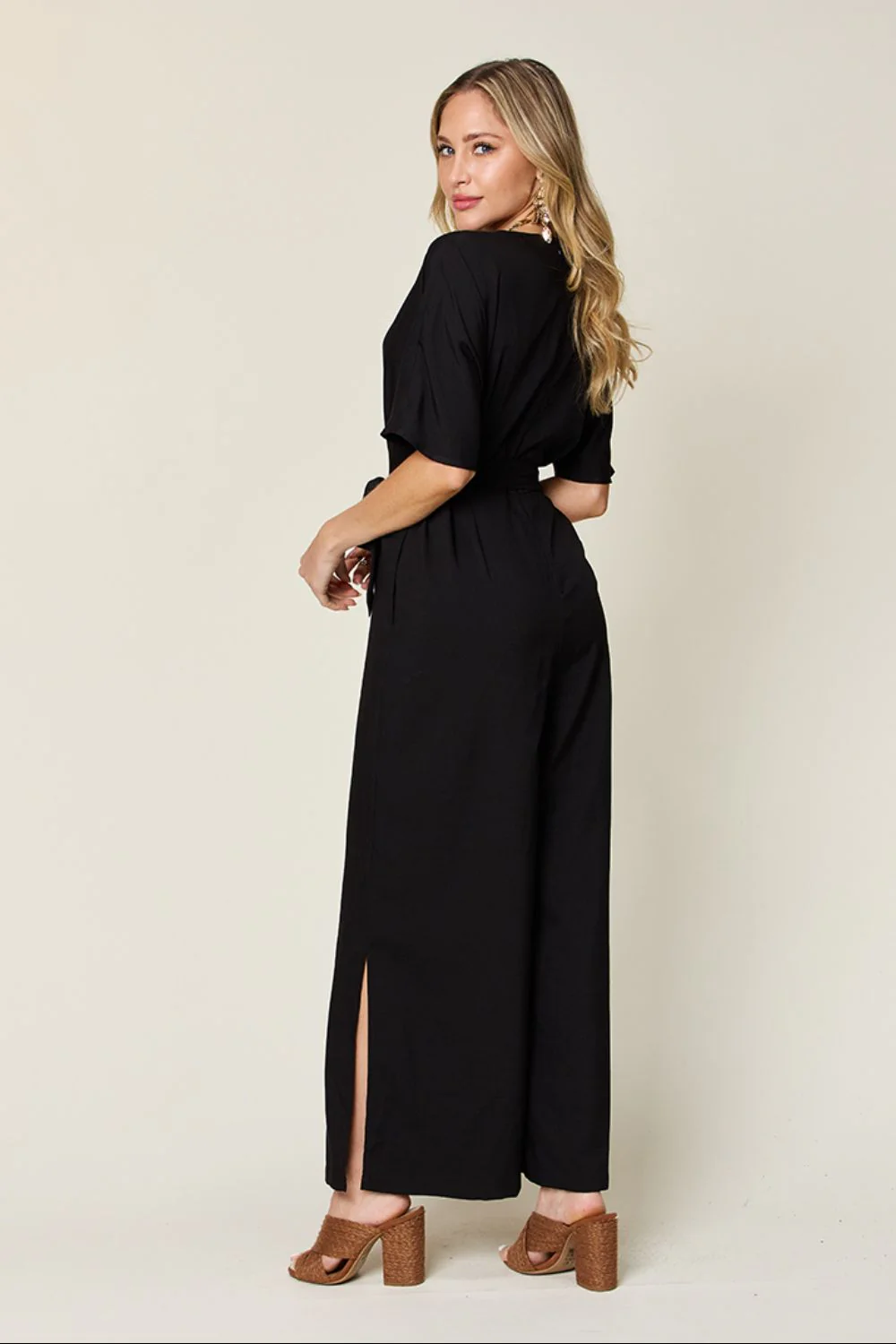 Double Take Full Size V-Neck Tied Side Slit Jumpsuit - Image 2
