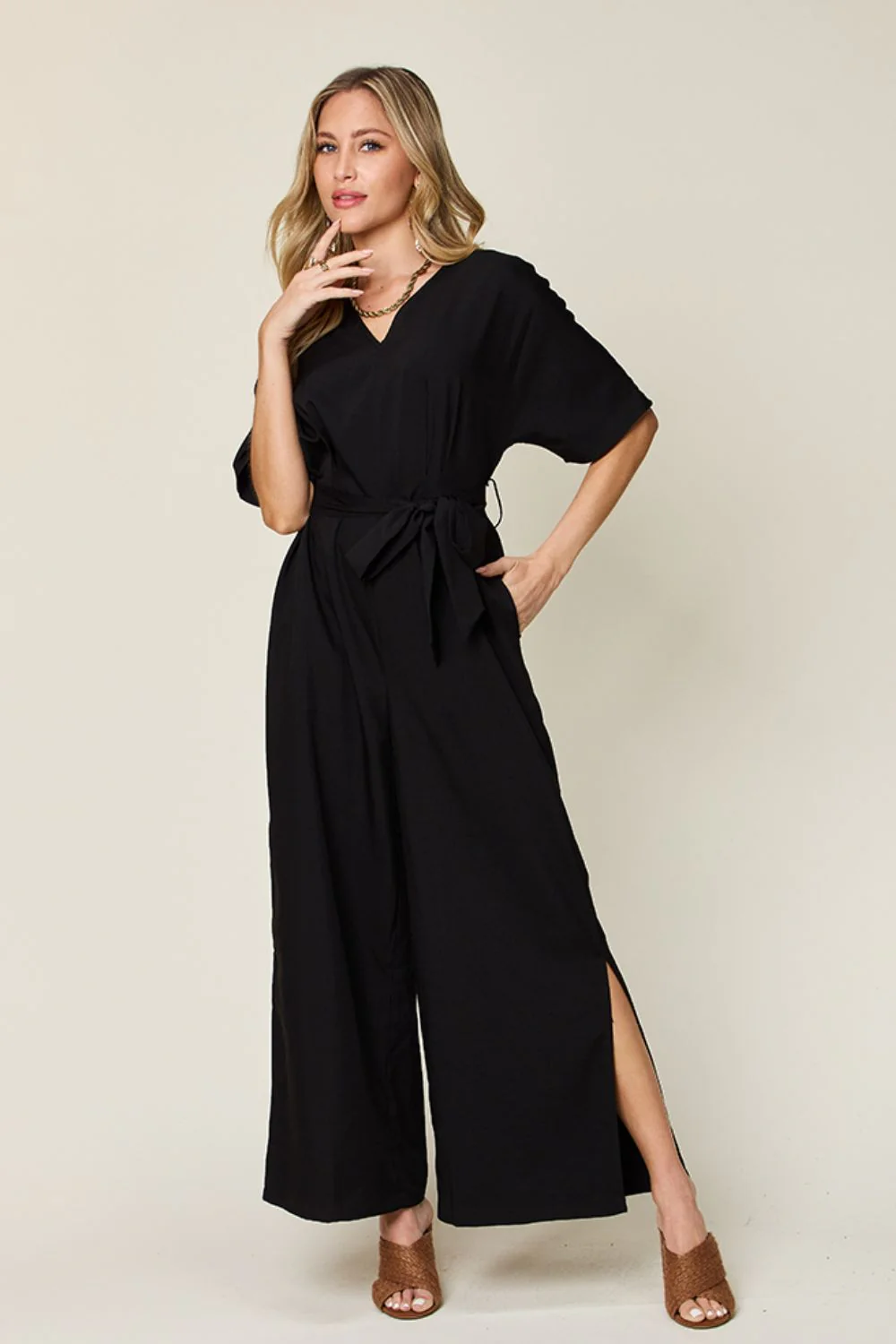 Double Take Full Size V-Neck Tied Side Slit Jumpsuit - Image 3