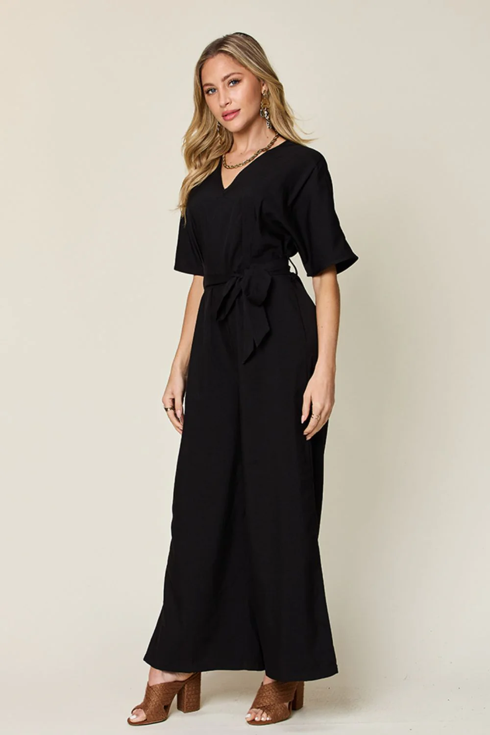 Double Take Full Size V-Neck Tied Side Slit Jumpsuit - Image 4
