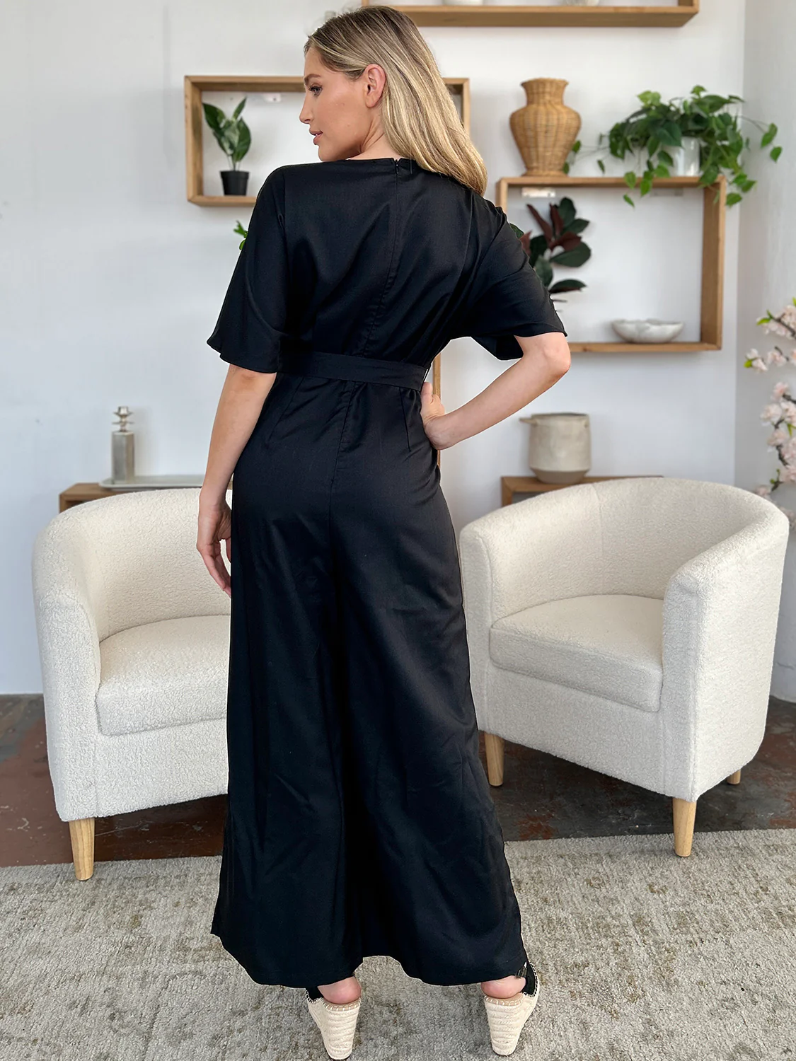 Double Take Full Size V-Neck Tied Side Slit Jumpsuit - Image 7