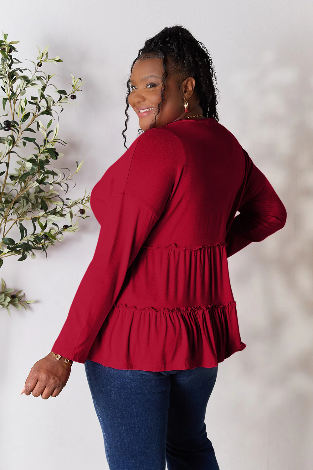Double Take Half Button Long Sleeve Ruffle Hem Blouse - Image 10