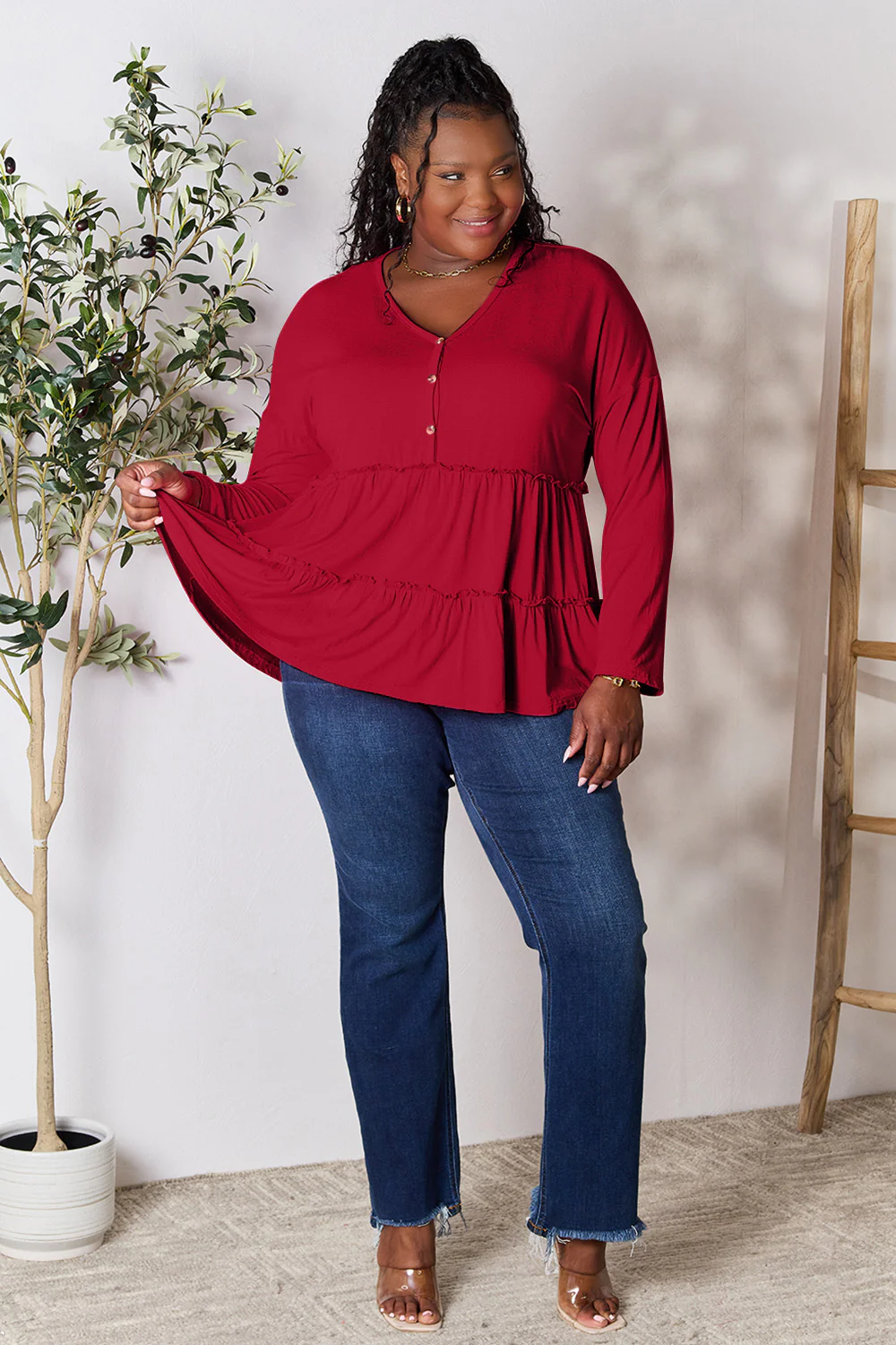Double Take Half Button Long Sleeve Ruffle Hem Blouse - Image 11