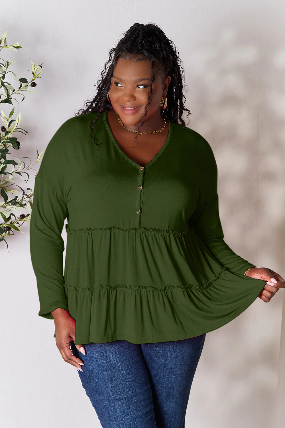 Double Take Half Button Long Sleeve Ruffle Hem Blouse - Image 12