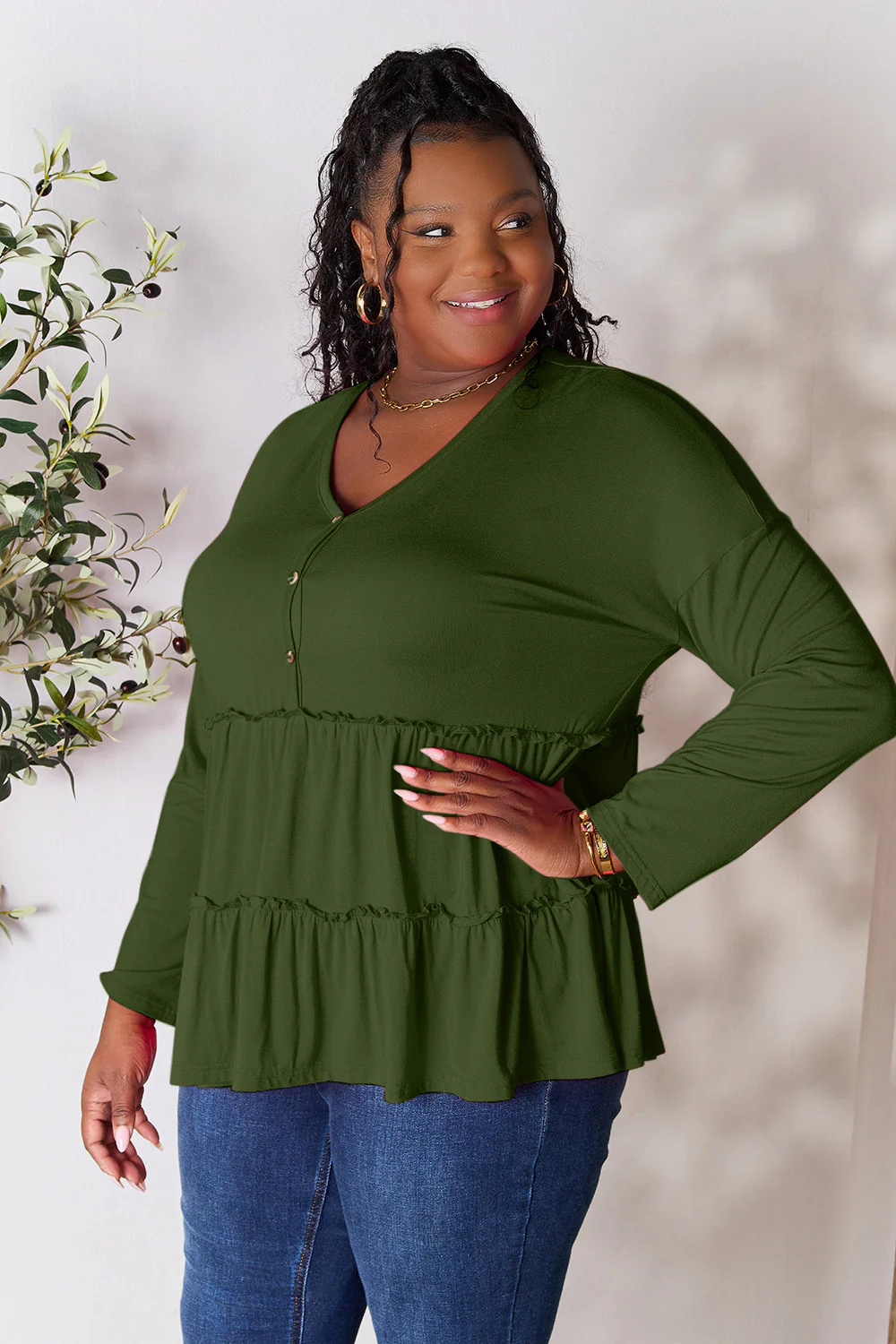Double Take Half Button Long Sleeve Ruffle Hem Blouse - Image 13