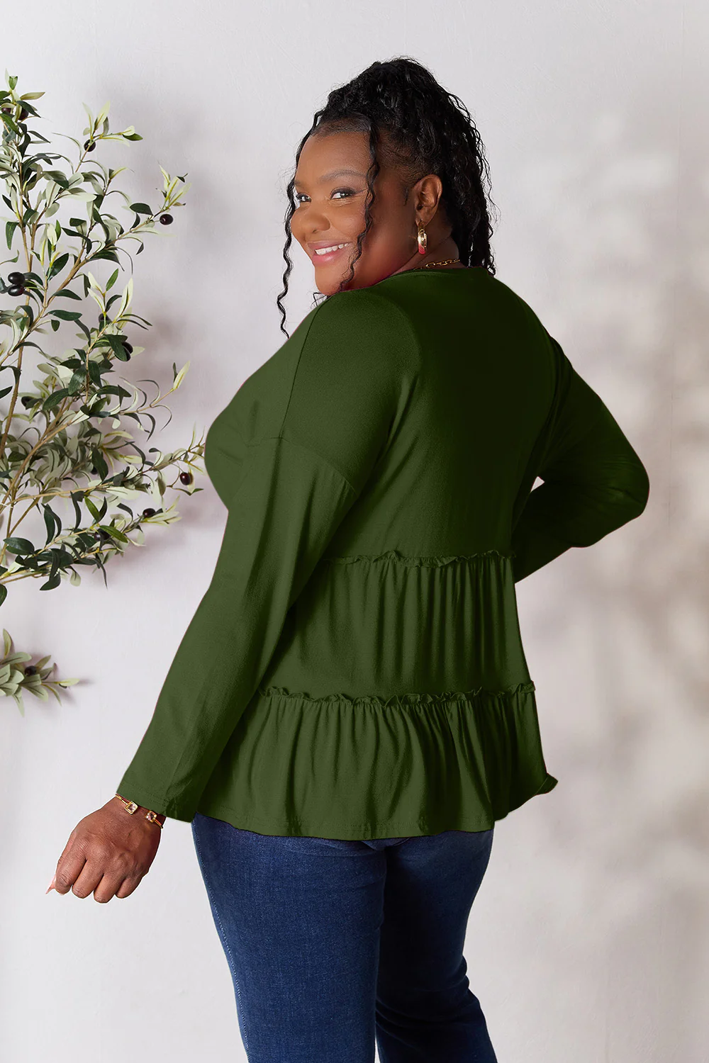 Double Take Half Button Long Sleeve Ruffle Hem Blouse - Image 14