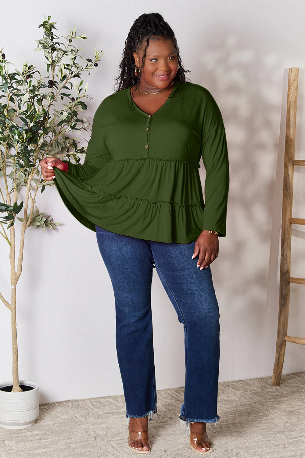 Double Take Half Button Long Sleeve Ruffle Hem Blouse - Image 15