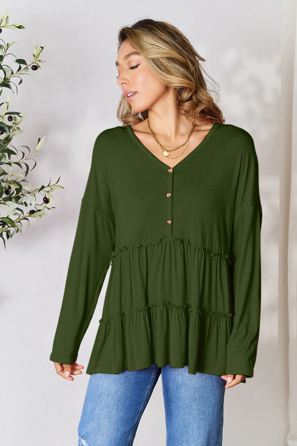 Double Take Half Button Long Sleeve Ruffle Hem Blouse - Image 16