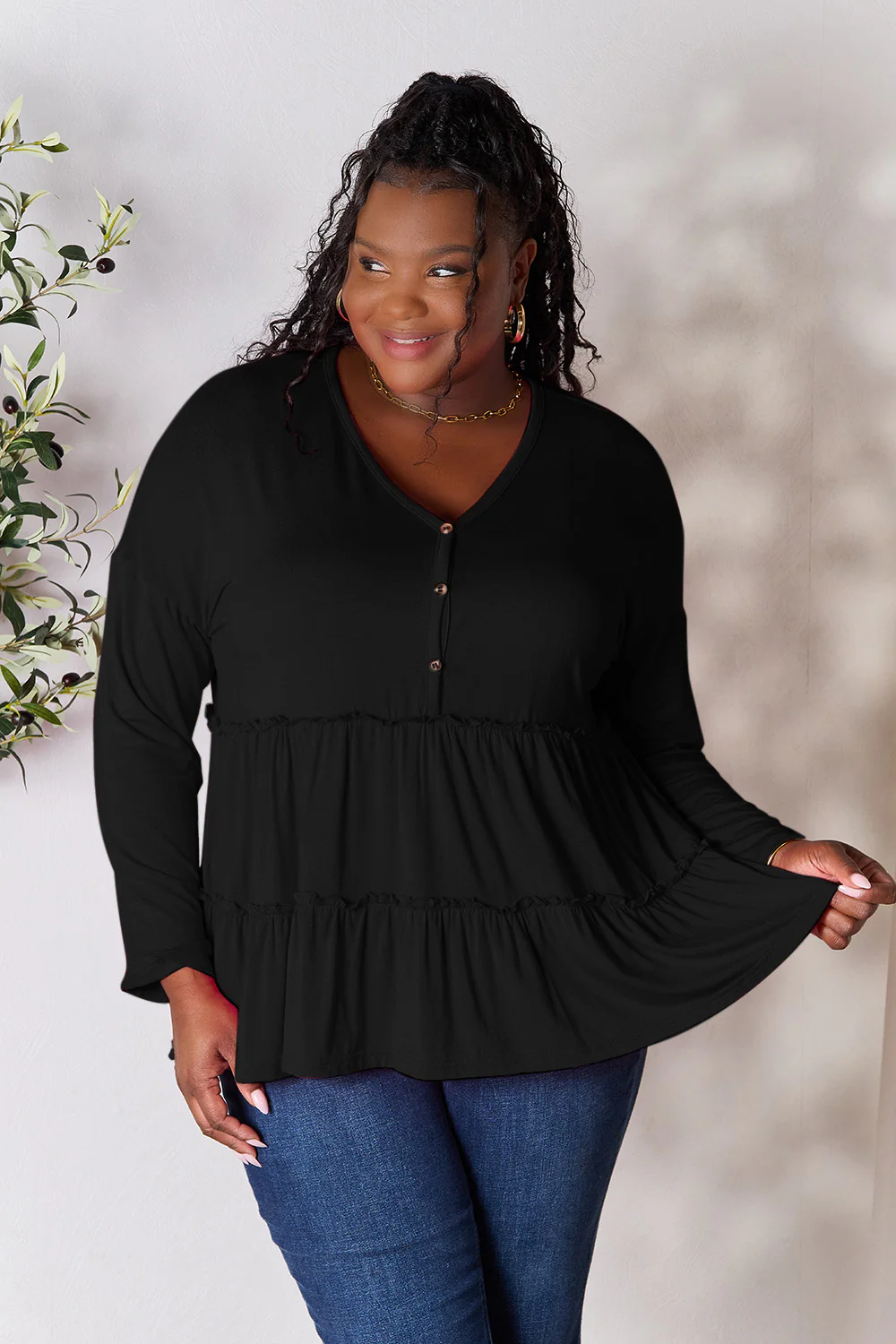 Double Take Half Button Long Sleeve Ruffle Hem Blouse - Image 17