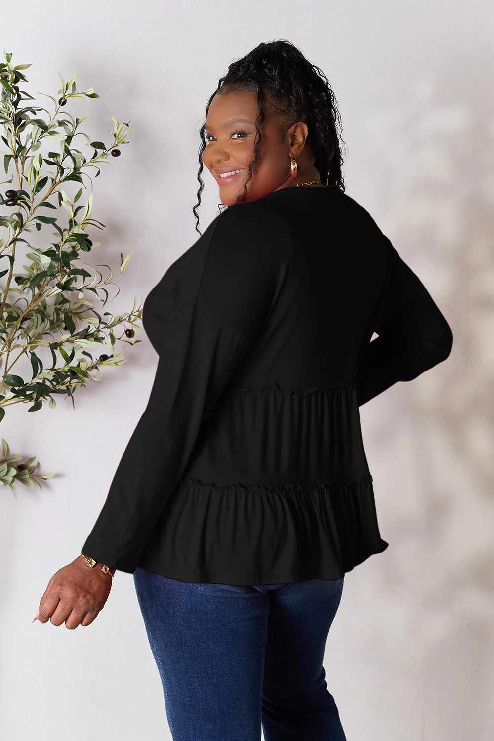 Double Take Half Button Long Sleeve Ruffle Hem Blouse - Image 18