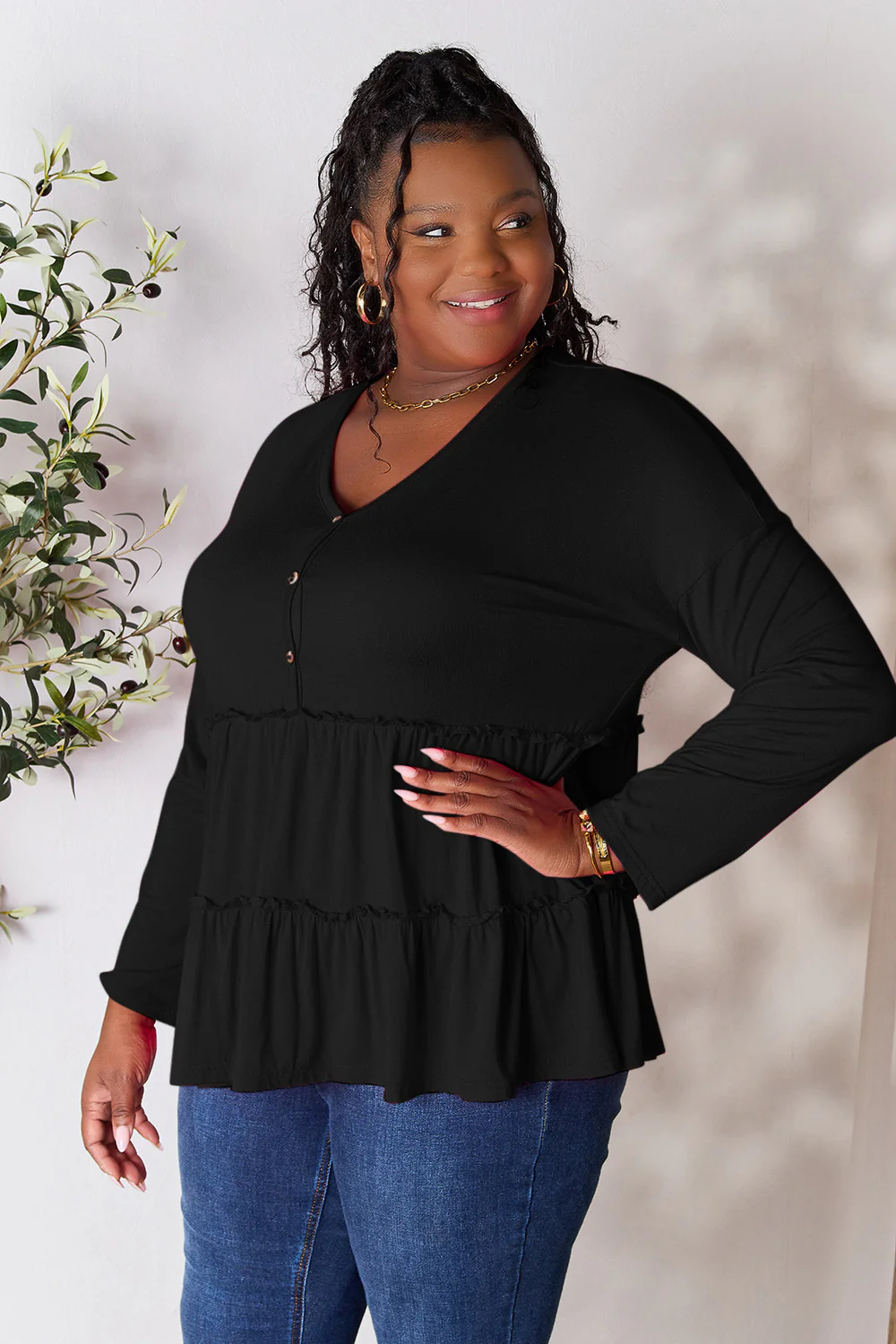 Double Take Half Button Long Sleeve Ruffle Hem Blouse - Image 19