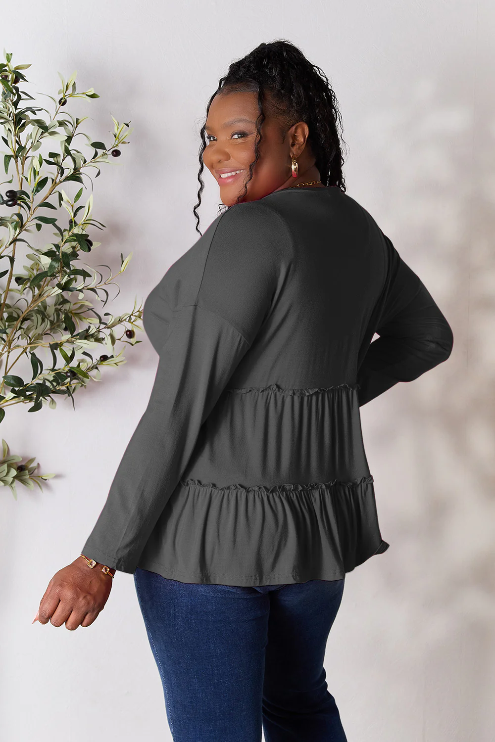 Double Take Half Button Long Sleeve Ruffle Hem Blouse - Image 2