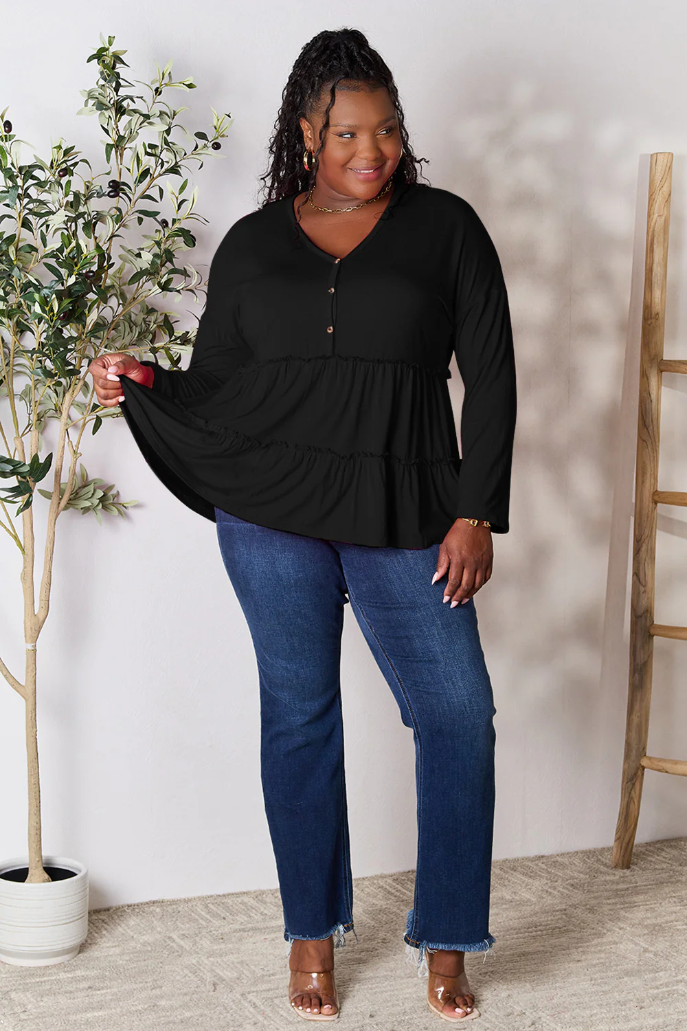 Double Take Half Button Long Sleeve Ruffle Hem Blouse - Image 20