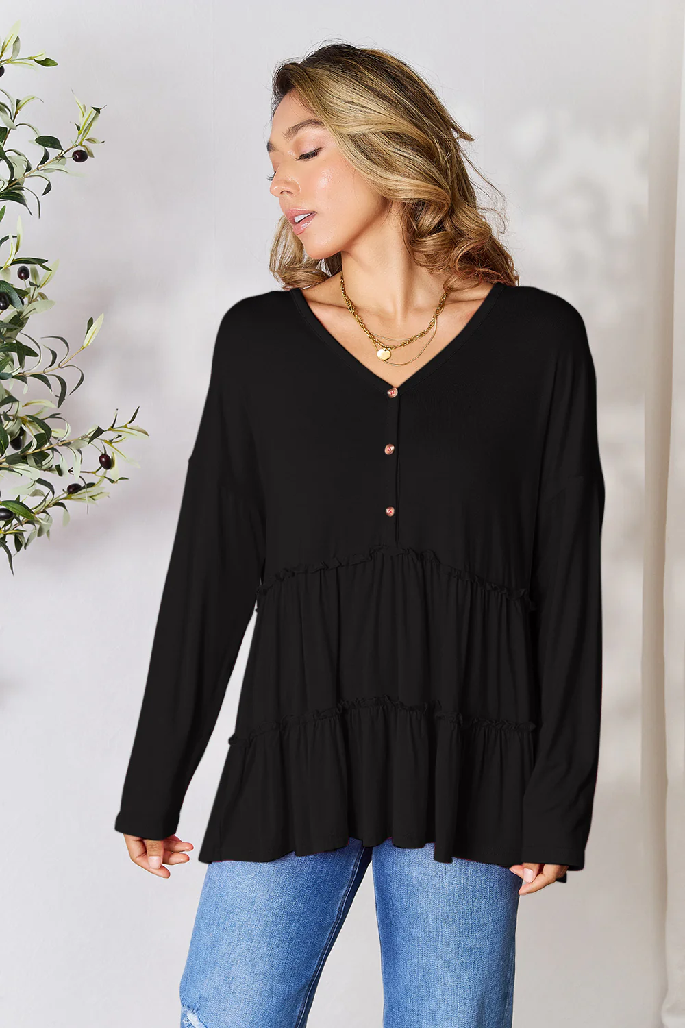 Double Take Half Button Long Sleeve Ruffle Hem Blouse - Image 21