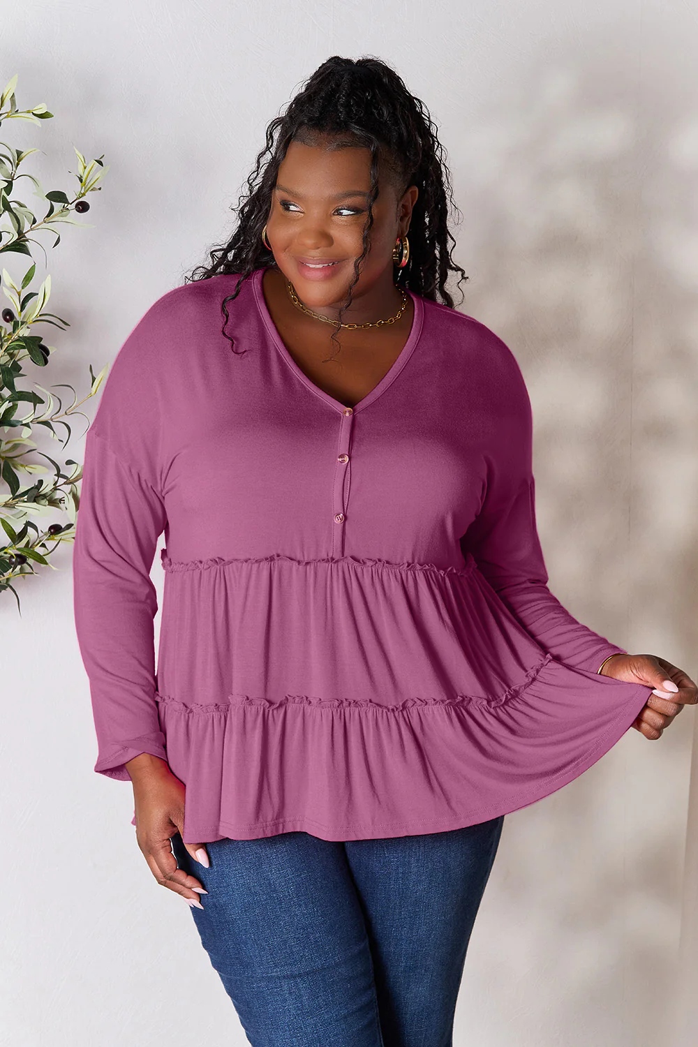 Double Take Half Button Long Sleeve Ruffle Hem Blouse - Image 22