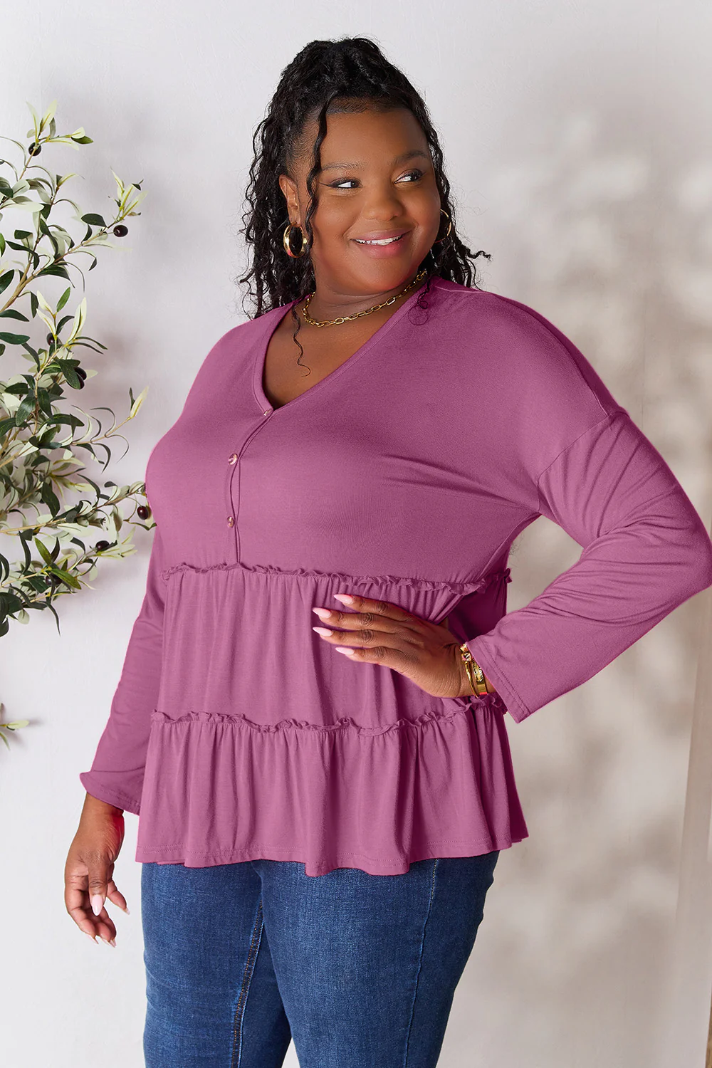 Double Take Half Button Long Sleeve Ruffle Hem Blouse - Image 23