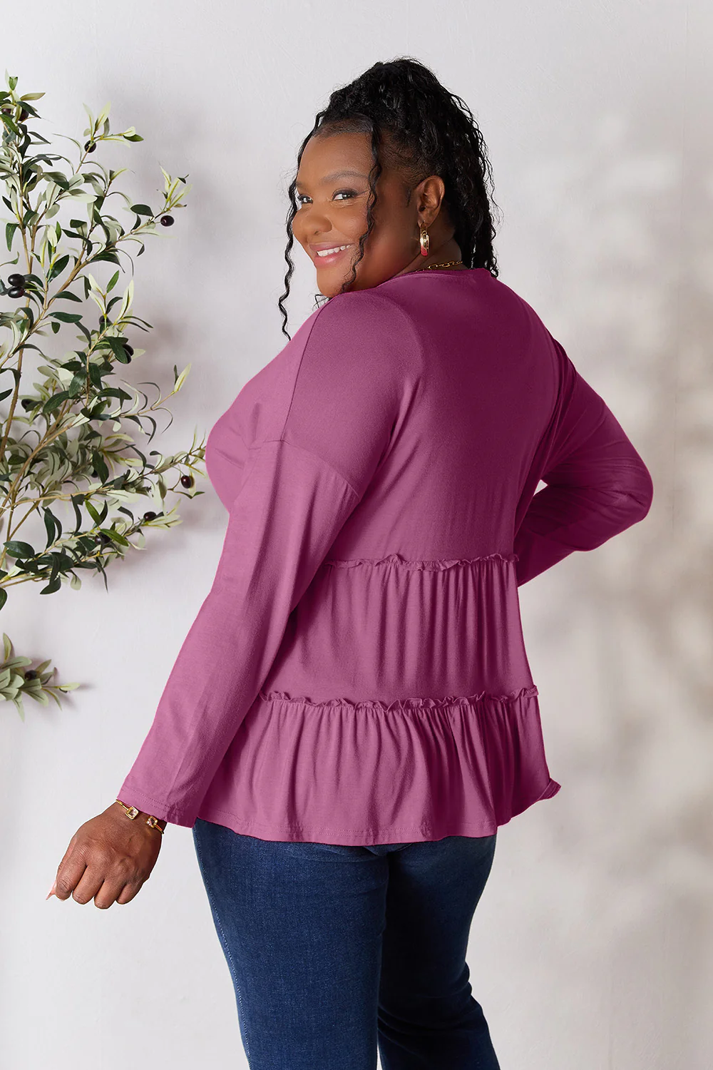 Double Take Half Button Long Sleeve Ruffle Hem Blouse - Image 24